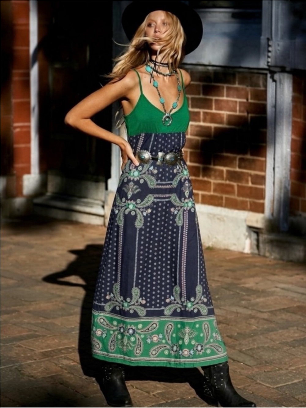 Anthropologie Lilka 100% Silk Green Paisley Maxi Dress Empire Waist Sz S Boho‎